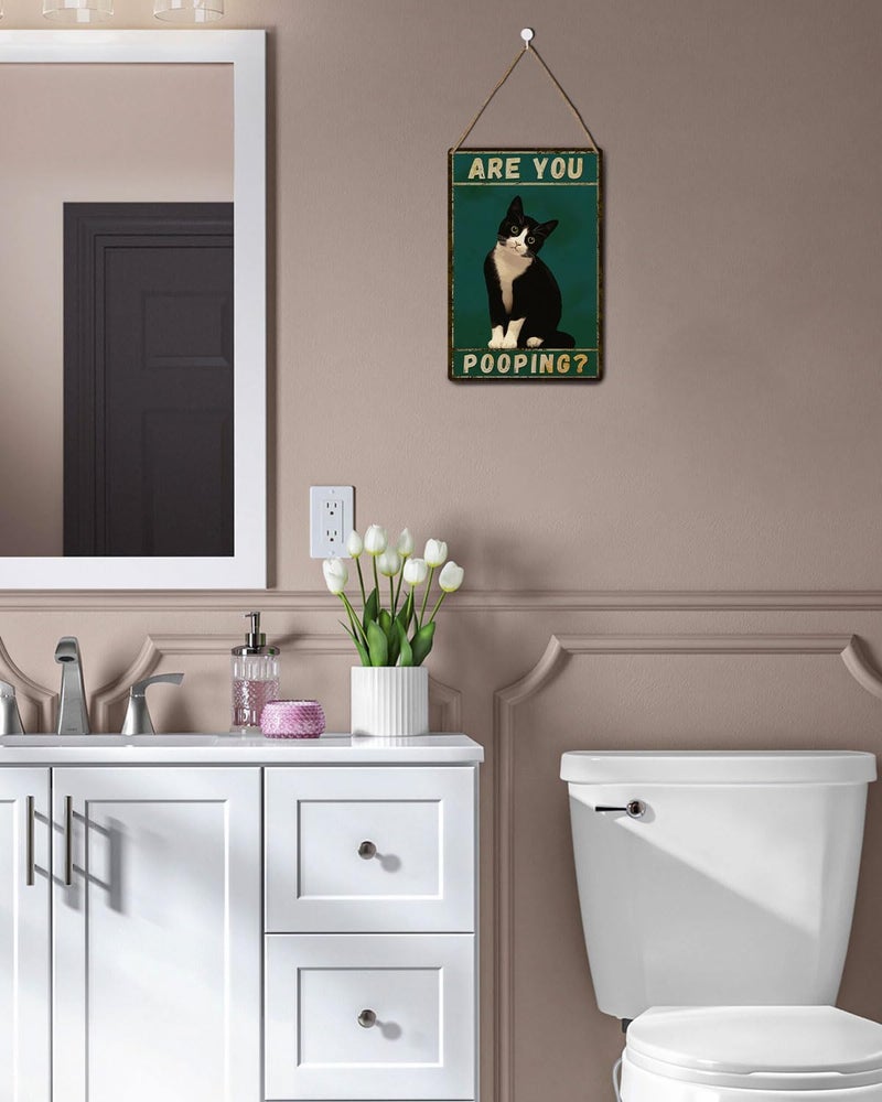 ALKB Tuxedo Cat Decor Are You Pooping Funny Metal Signs 8 x 12 Inch Black Cat Gift for Vintage Bathroom Decor - Image 2